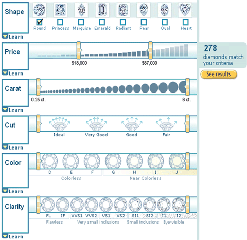 Amazon's diamond search showing 278 diamonds available for the price range $18,000-$87,000