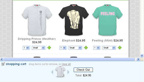 Screenshot from Panicroom, showing the T-shirt now successfully placed into the cart area