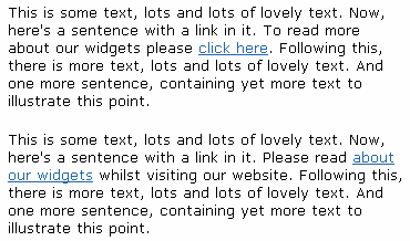 Example of two paragraphs, the first containing the link text, click here. The second contains the link text, about our widgets, so is more easy to scan