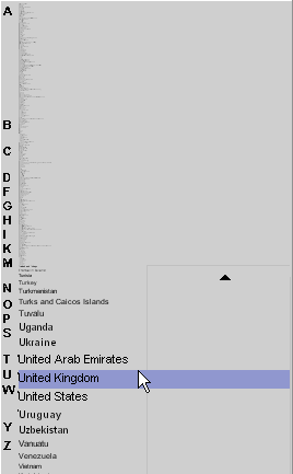 Fisheye menu showing an alphabetical list of the countries of the world. The magnified focus is on the United Kingdom.