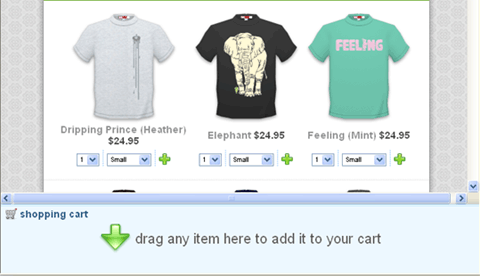 Screenshot from Panicroom, showing three T-shirts and a large shpping cart area at the bottom of the screen. The shopping cart displays the instructions, 'drag any item here to add to your cart'.